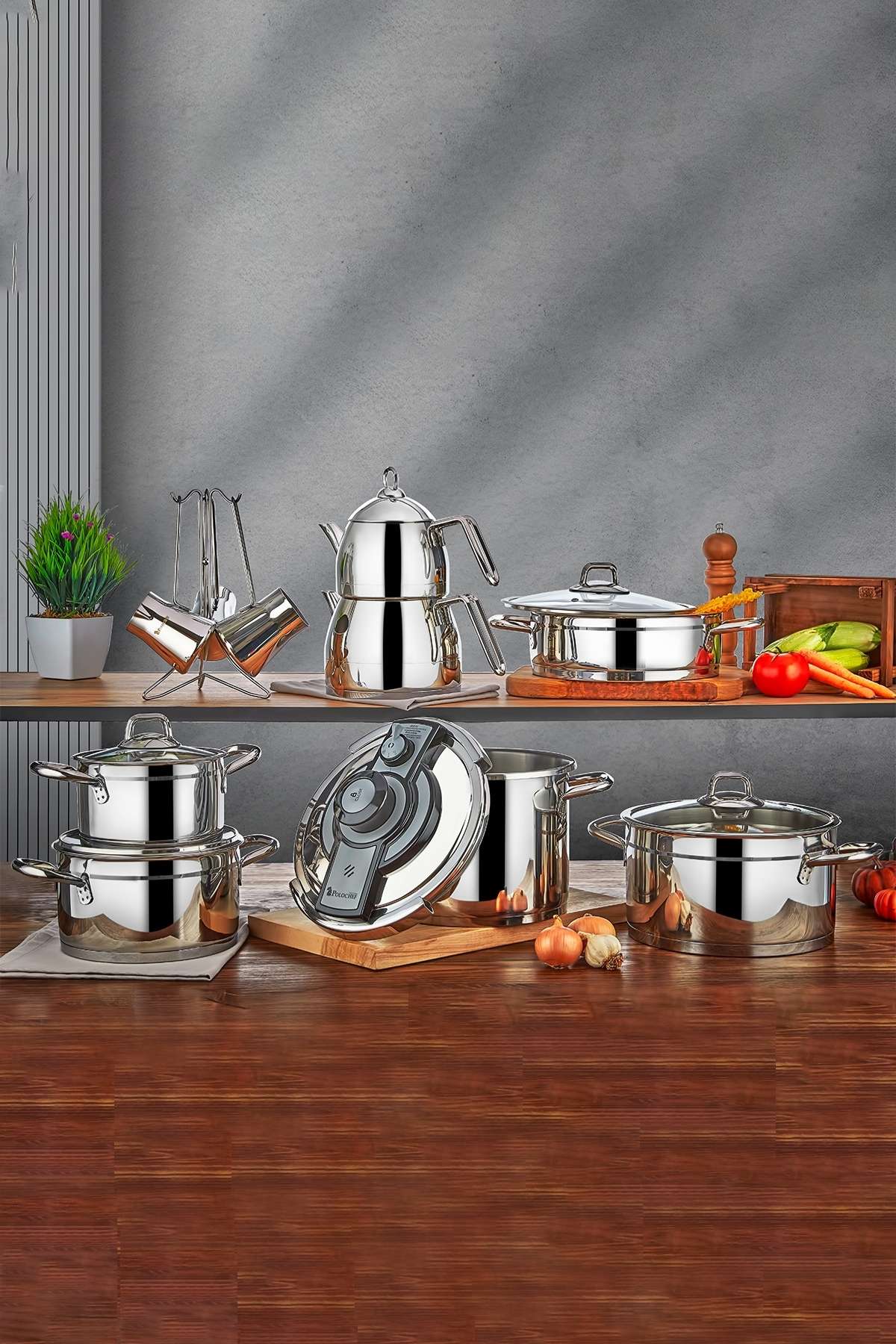 Ambiance 18 Parça Çeyiz Seti - 18/10 Paslanmaz Çelik Silver - Düdüklü, Çaydanlık, Tencere ve Cezve Takımı Ambiance 18 Parça Çeyiz Seti - 18/10 Paslanmaz Çelik Silver - Düdüklü, Çaydanlık, Tencere ve Cezve Takımı