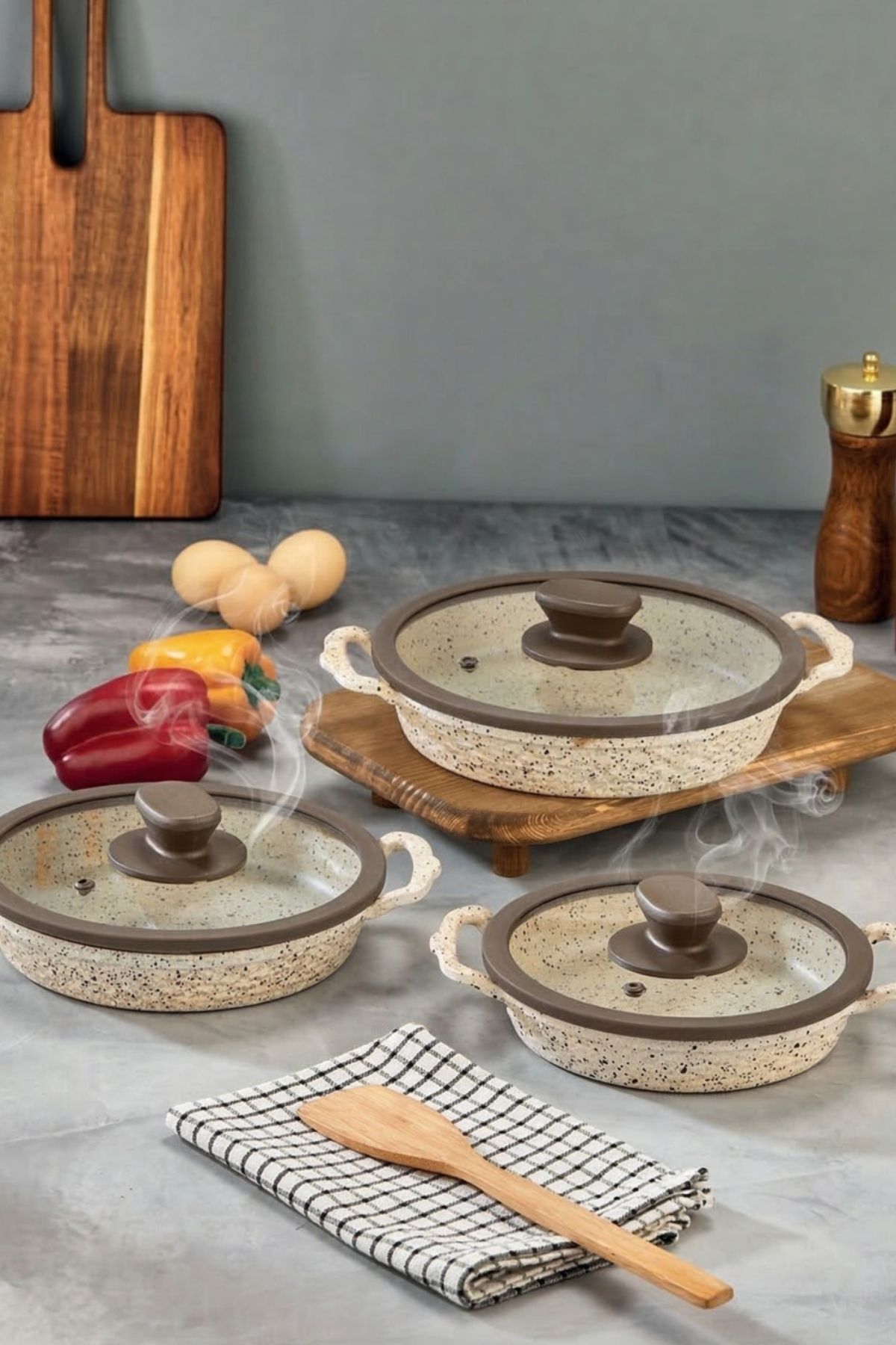 İnci Döküm Kapaklı Granit Sahan Seti 20-24-26 cm - Krem