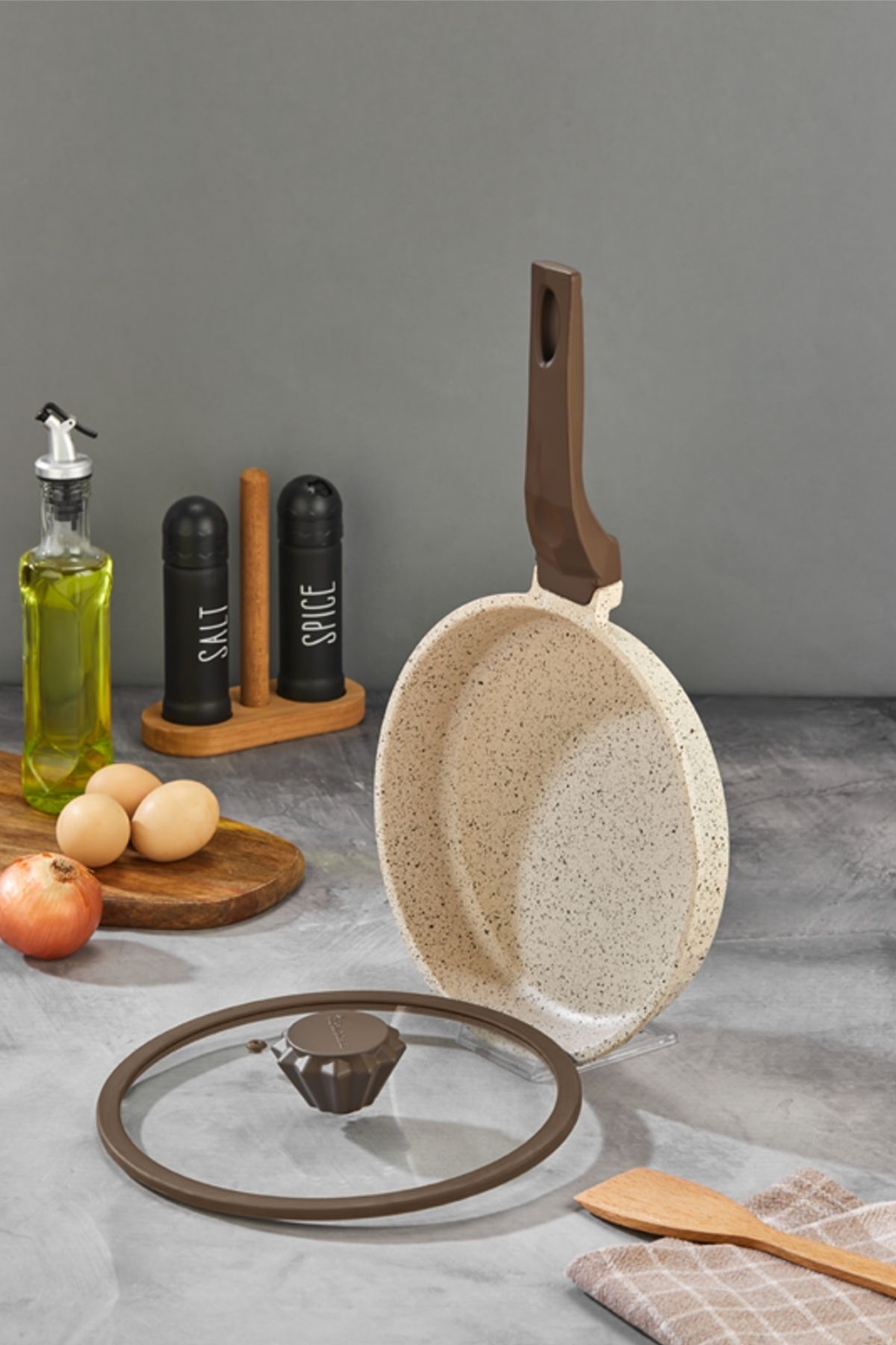 İnci Döküm Kapaklı Granit Tava 28 cm - Krem