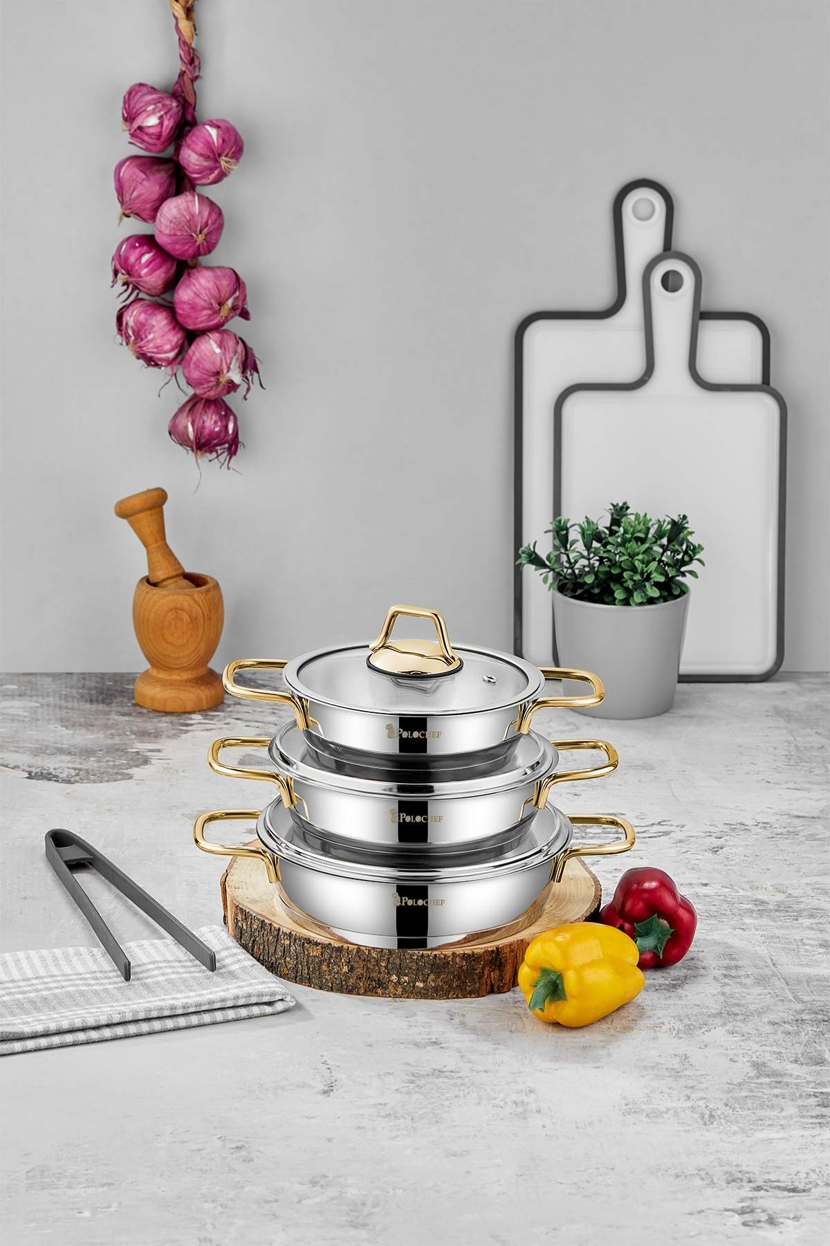 Paslanmaz Çelik Sahan Seti Gold Saplı 6 Parça - 16-18-20 cm 