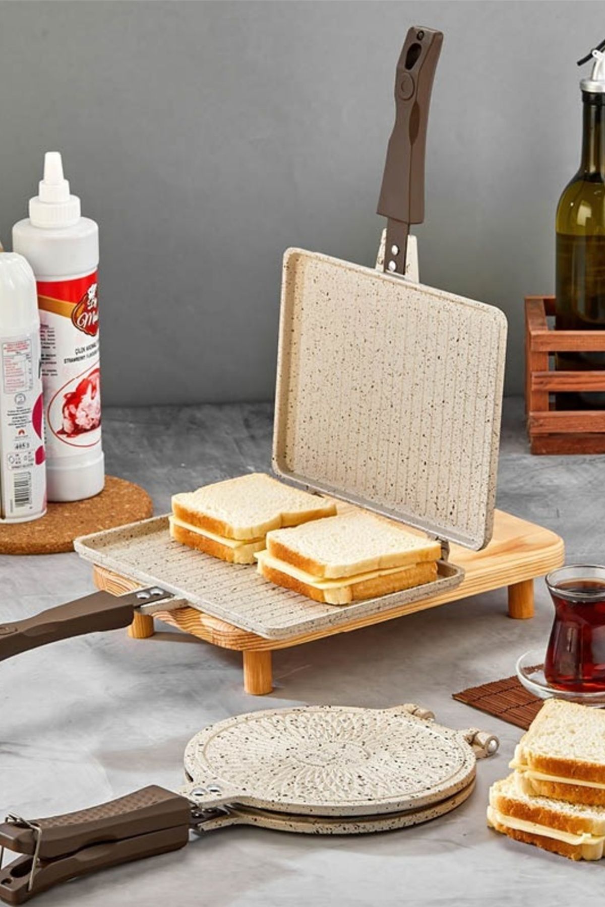 Polochef Granit Waffle ve Tost Tavası Seti - Krem - Ocak Üstü