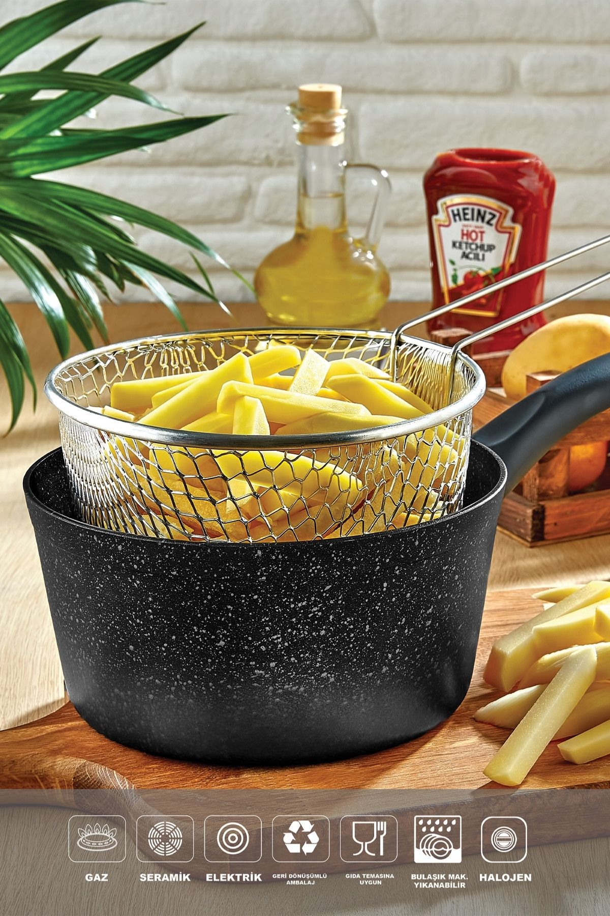 Melda Granit Kızartma Tavası 20 cm - Telli Fritöz Tenceresi - Patates ve Cips İçin - Siyah