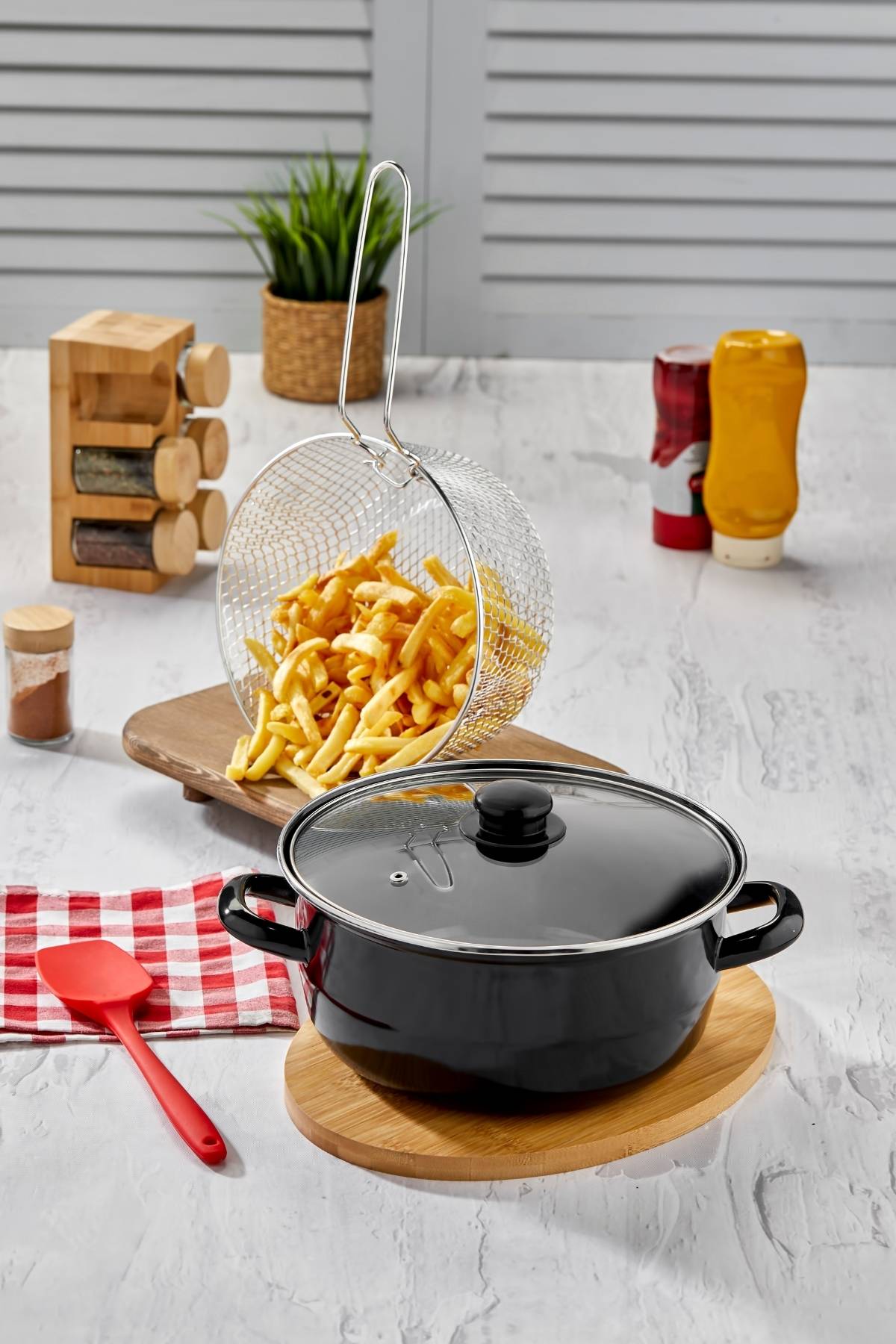 Emaye Kızartma Tenceresi 20 cm - Siyah Fritöz Telli ve Kapaklı