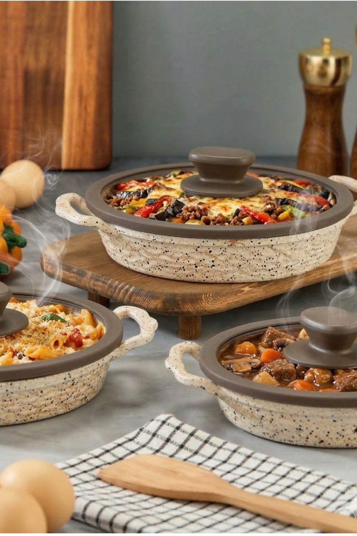 İnci Döküm Kapaklı Granit Sahan Seti 20-24-26 cm - Krem
