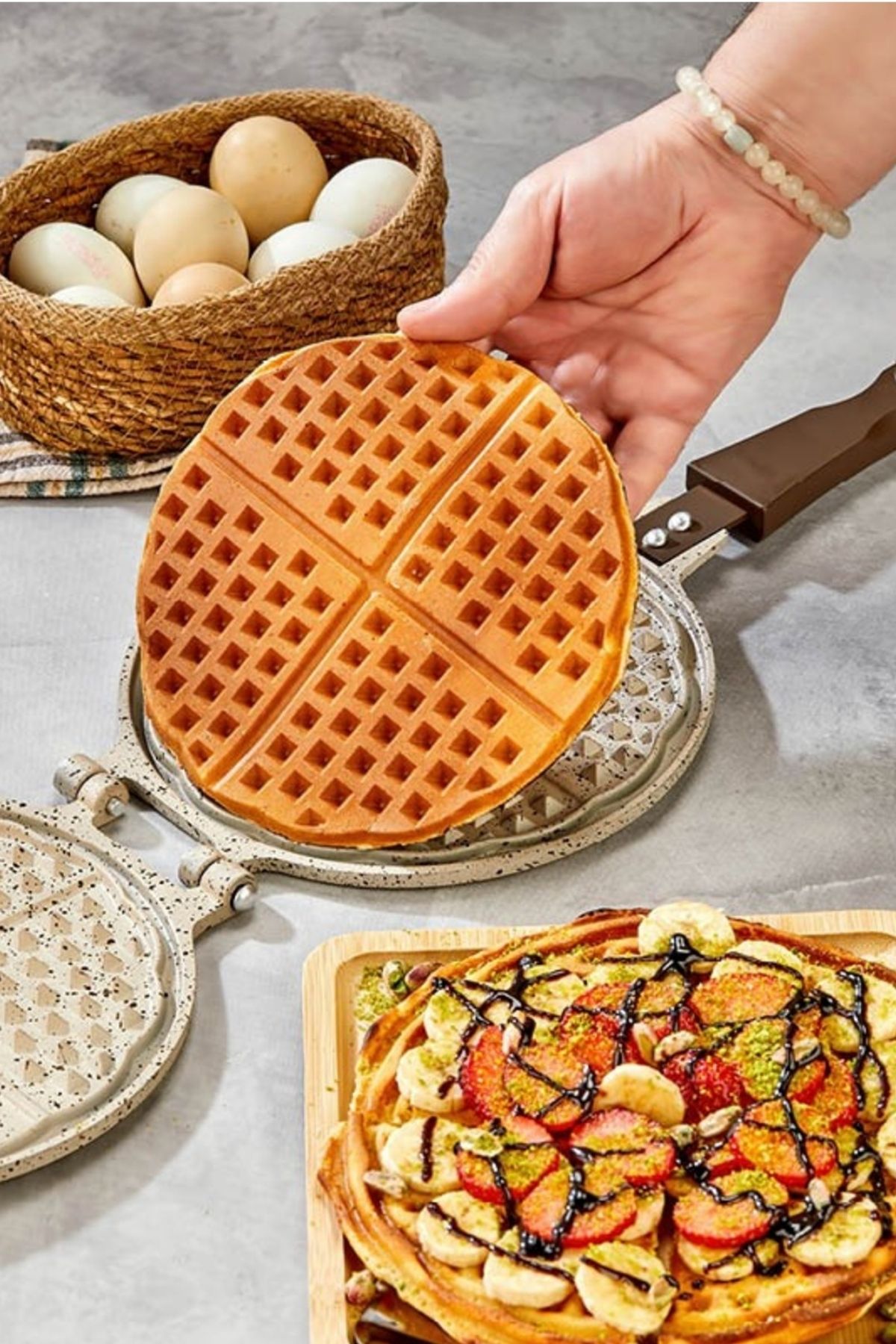 İnci Döküm Waffle Tavası - Krem - Bakalit Sap