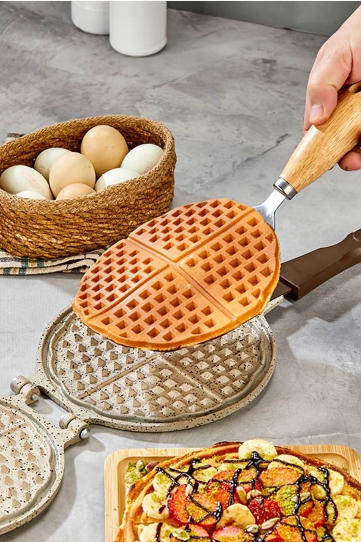 İnci Döküm Waffle Tavası - Krem - Bakalit Sap
