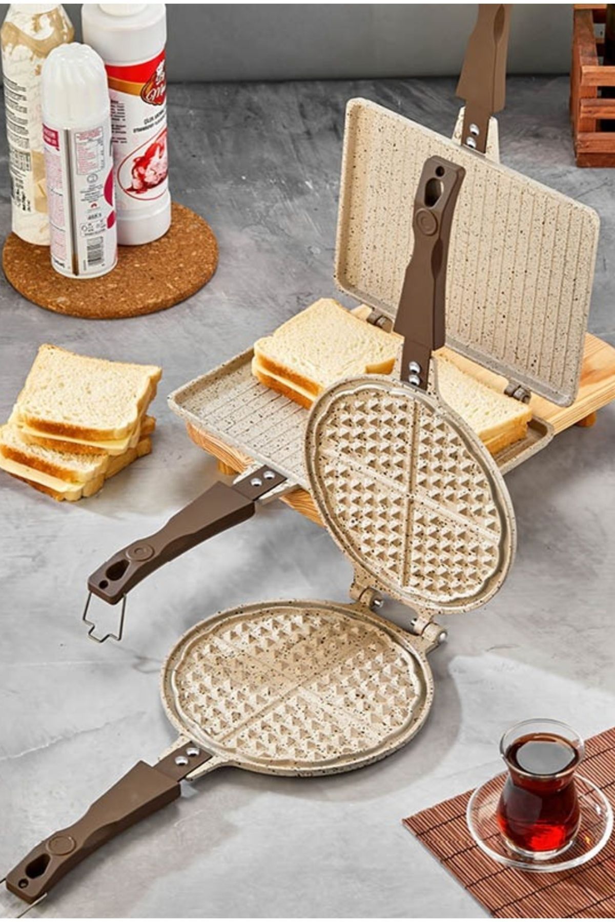 Polochef Granit Waffle ve Tost Tavası Seti - Krem - Ocak Üstü