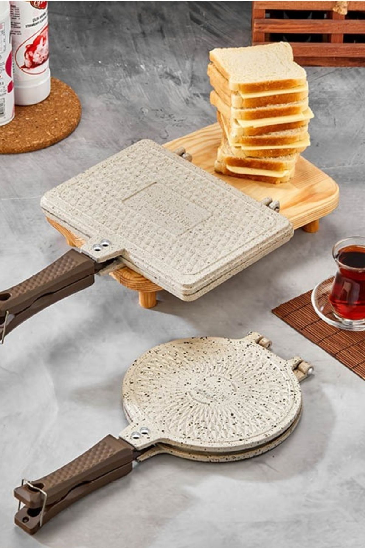 Polochef Granit Waffle ve Tost Tavası Seti - Krem - Ocak Üstü